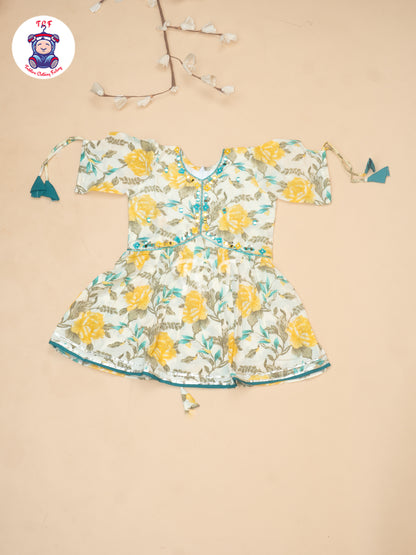 Yellow - Girls Printed Alia Cut Angrakha Salwar