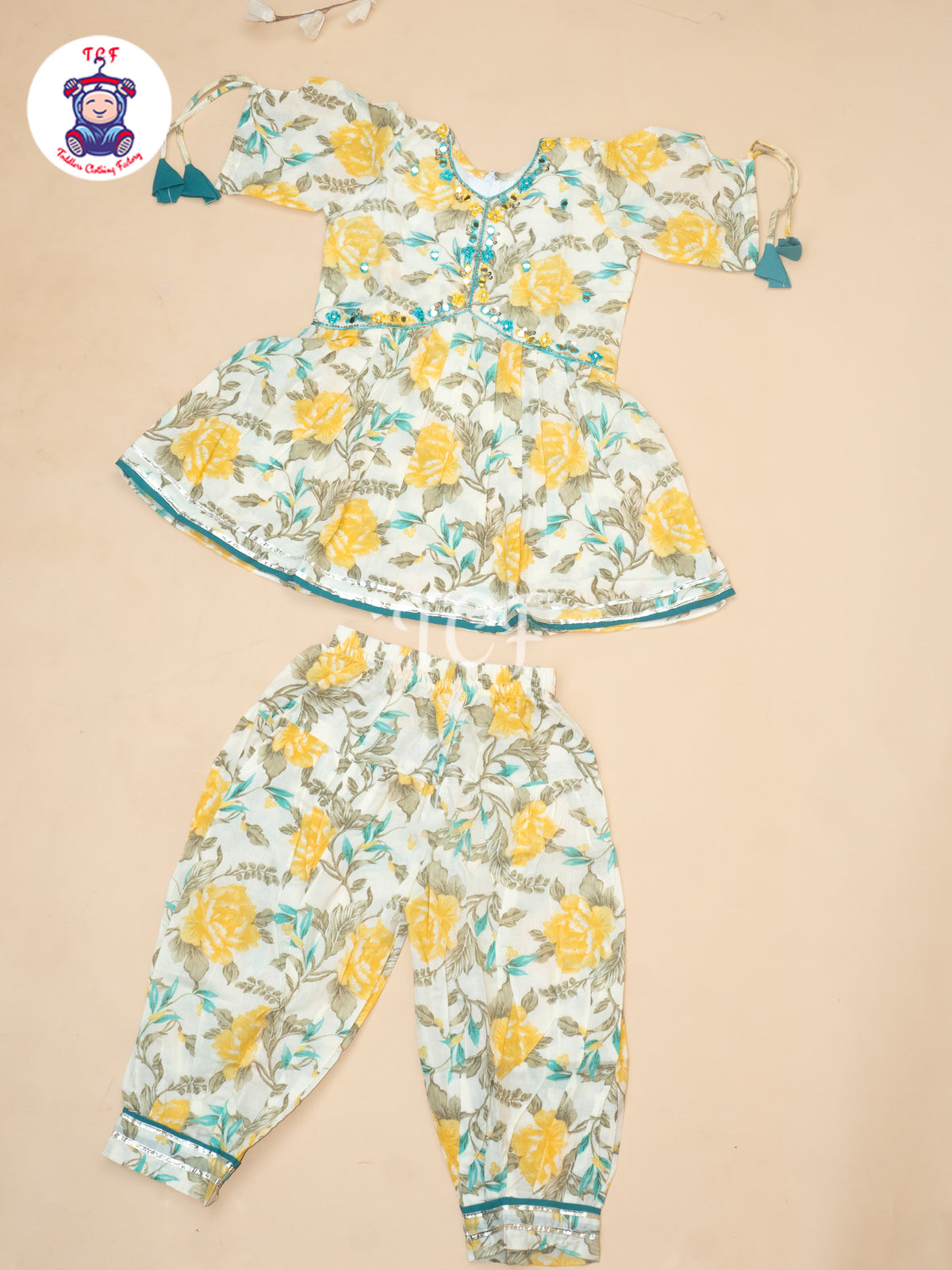 Yellow - Girls Printed Alia Cut Angrakha Salwar