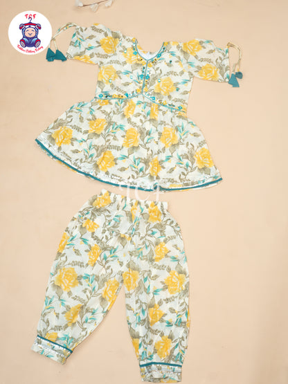 Yellow - Girls Printed Alia Cut Angrakha Salwar