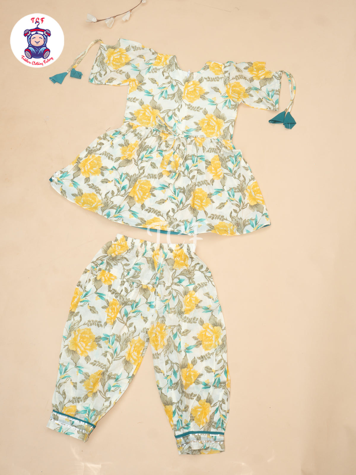 Yellow - Girls Printed Alia Cut Angrakha Salwar