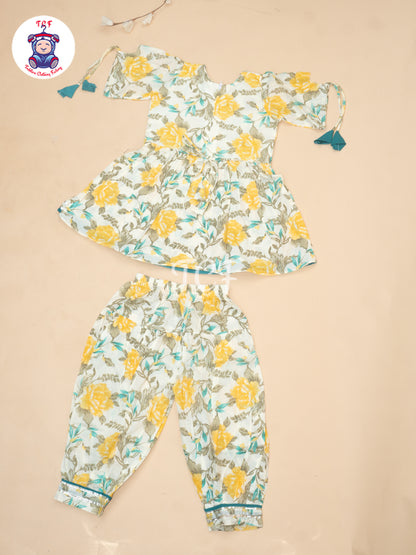 Yellow - Girls Printed Alia Cut Angrakha Salwar