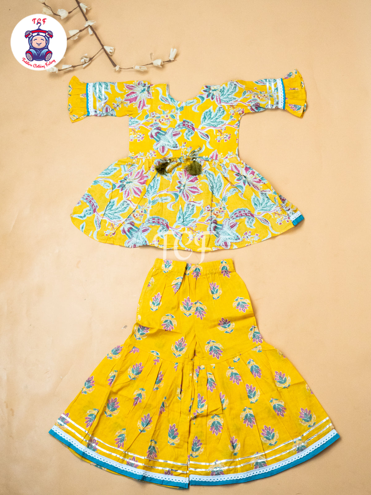 Yellow & Green - Girls Printed Alia Cut Angrakha Salwar