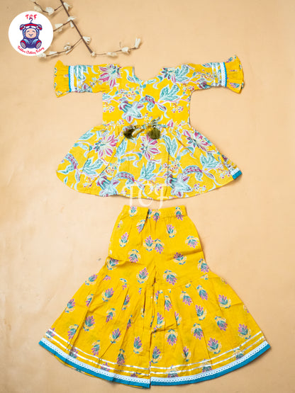 Yellow & Green - Girls Printed Alia Cut Angrakha Salwar
