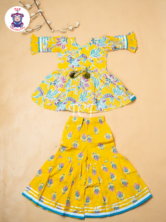 Yellow & Green - Girls Printed Alia Cut Angrakha Salwar