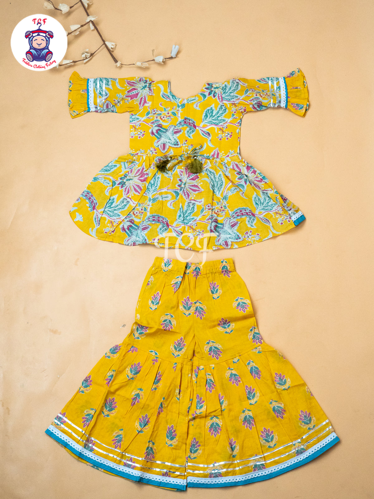Yellow & Green - Girls Printed Alia Cut Angrakha Salwar