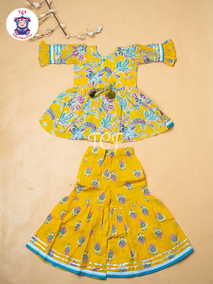 Yellow & Green - Girls Printed Alia Cut Angrakha Salwar