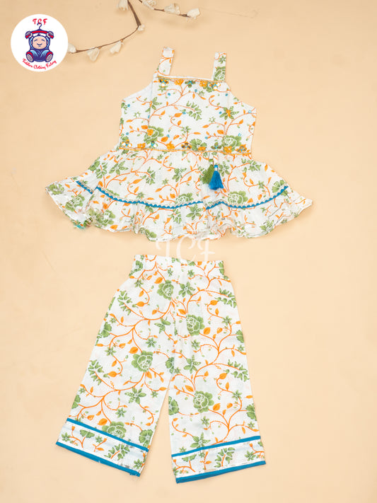 White & Orange  - Girls Bhandhej Embroidery Salwar