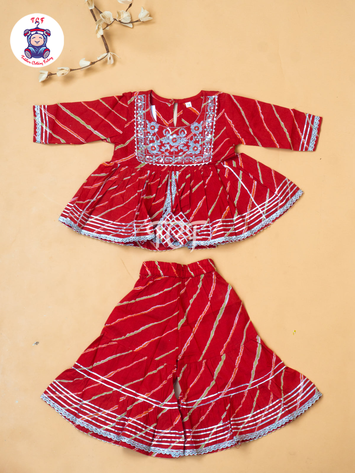 Red - Girl Lehariya Zari Short Paplum Salwar