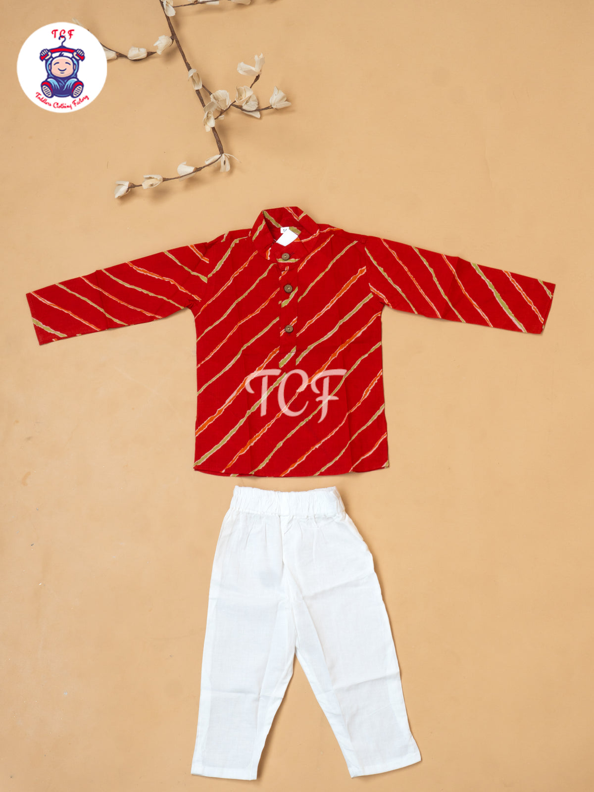 Red - Boys Lehariya Readymade Kurta With Pant