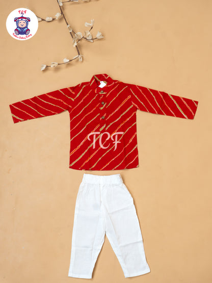 Red - Boys Lehariya Readymade Kurta With Pant