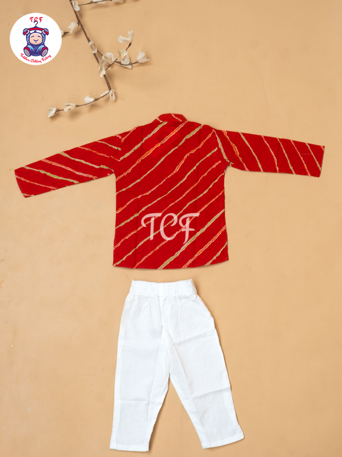 Red - Boys Lehariya Readymade Kurta With Pant