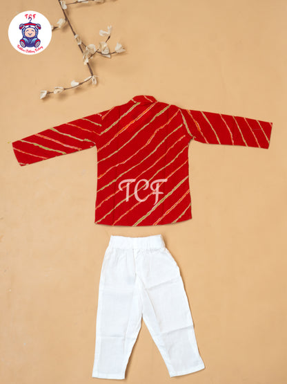 Red - Boys Lehariya Readymade Kurta With Pant