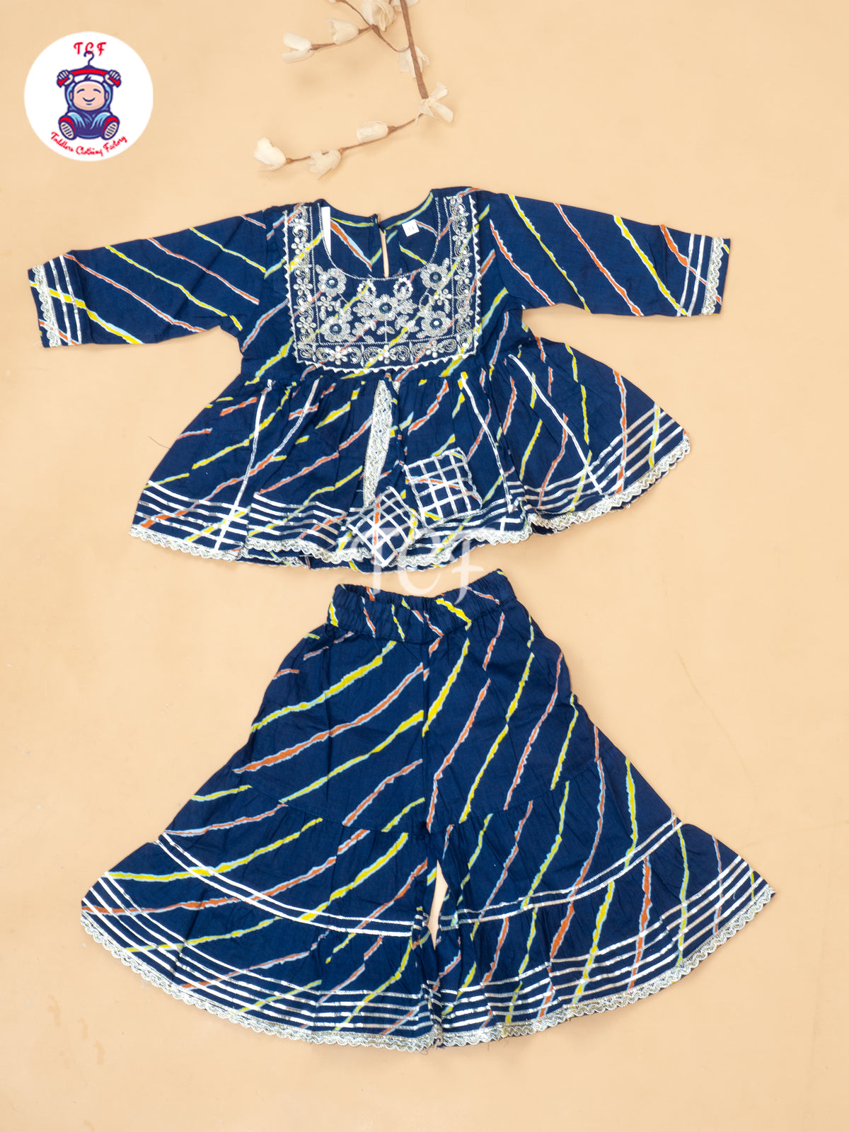 Navy Blue - Girls Lehariya Zari Short Paplum Salwar
