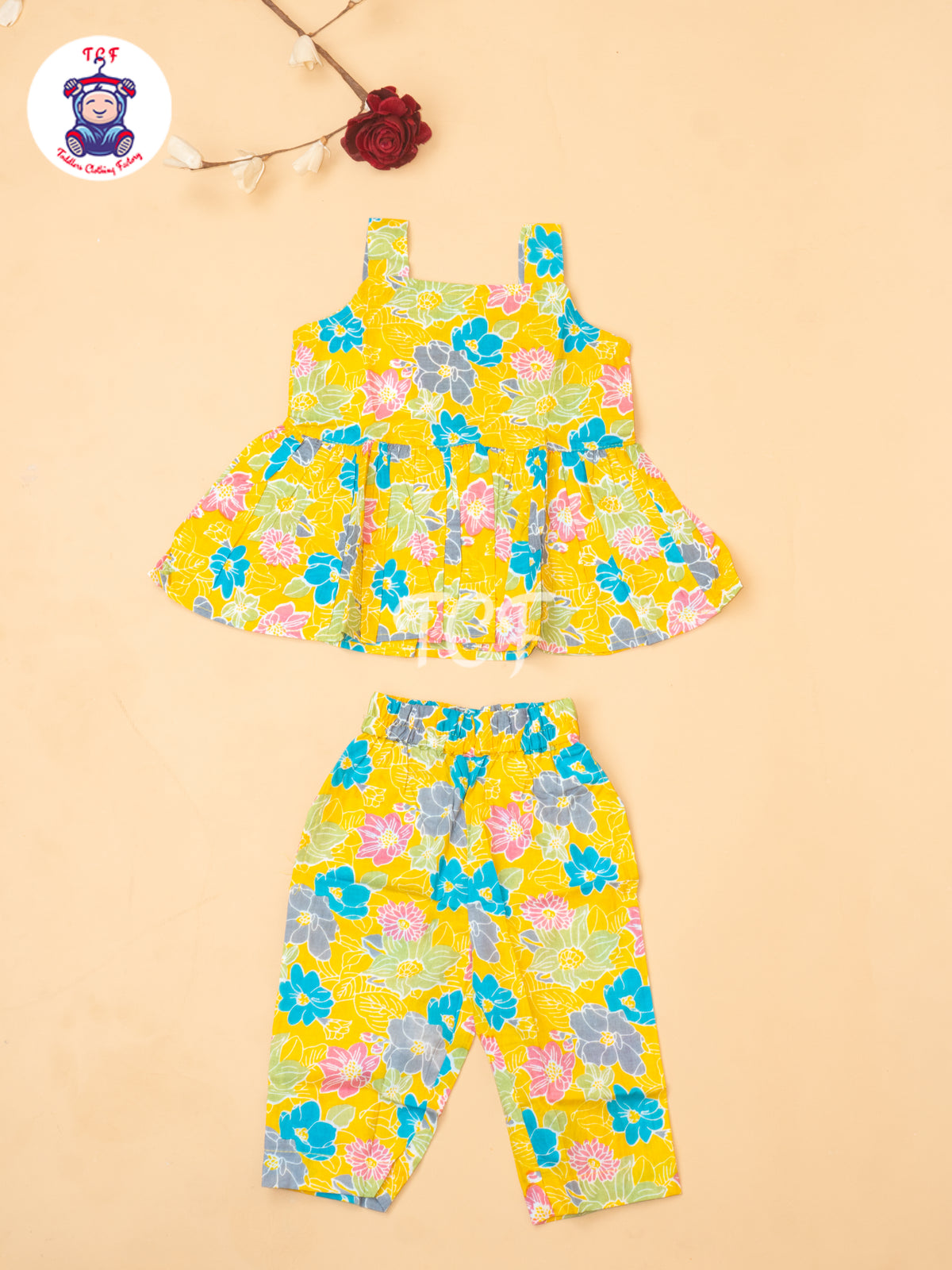 Yellow - Girls Readymade Floral Printed Co-ords Sets