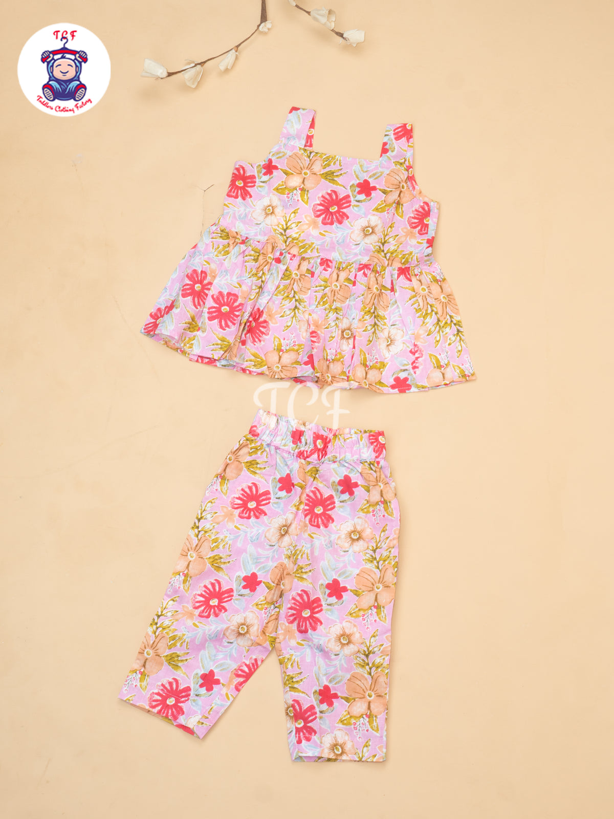 Light Pink - Girls Readymade Floral Printed Co-ords Sets