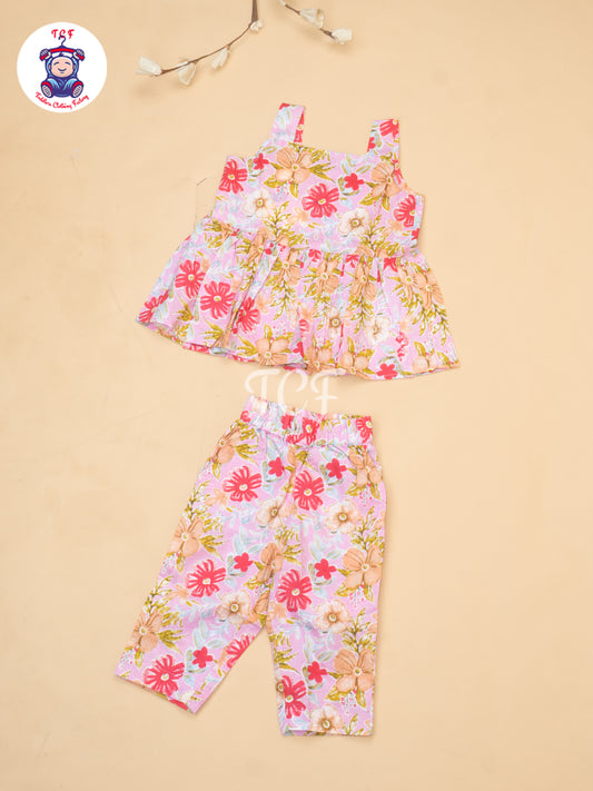 Light Pink - Girls Readymade Floral Printed Co-ords Sets