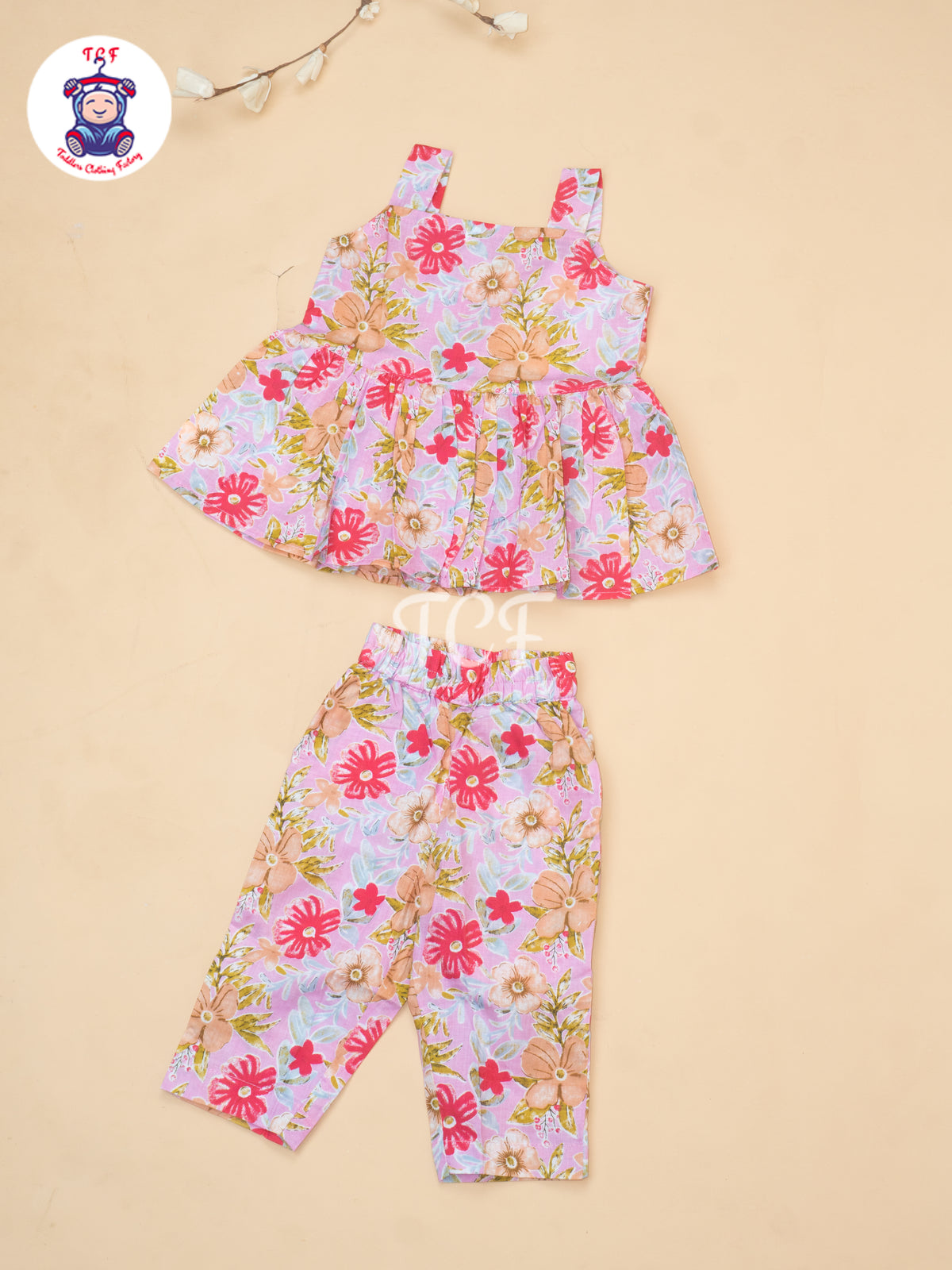 Light Pink - Girls Readymade Floral Printed Co-ords Sets