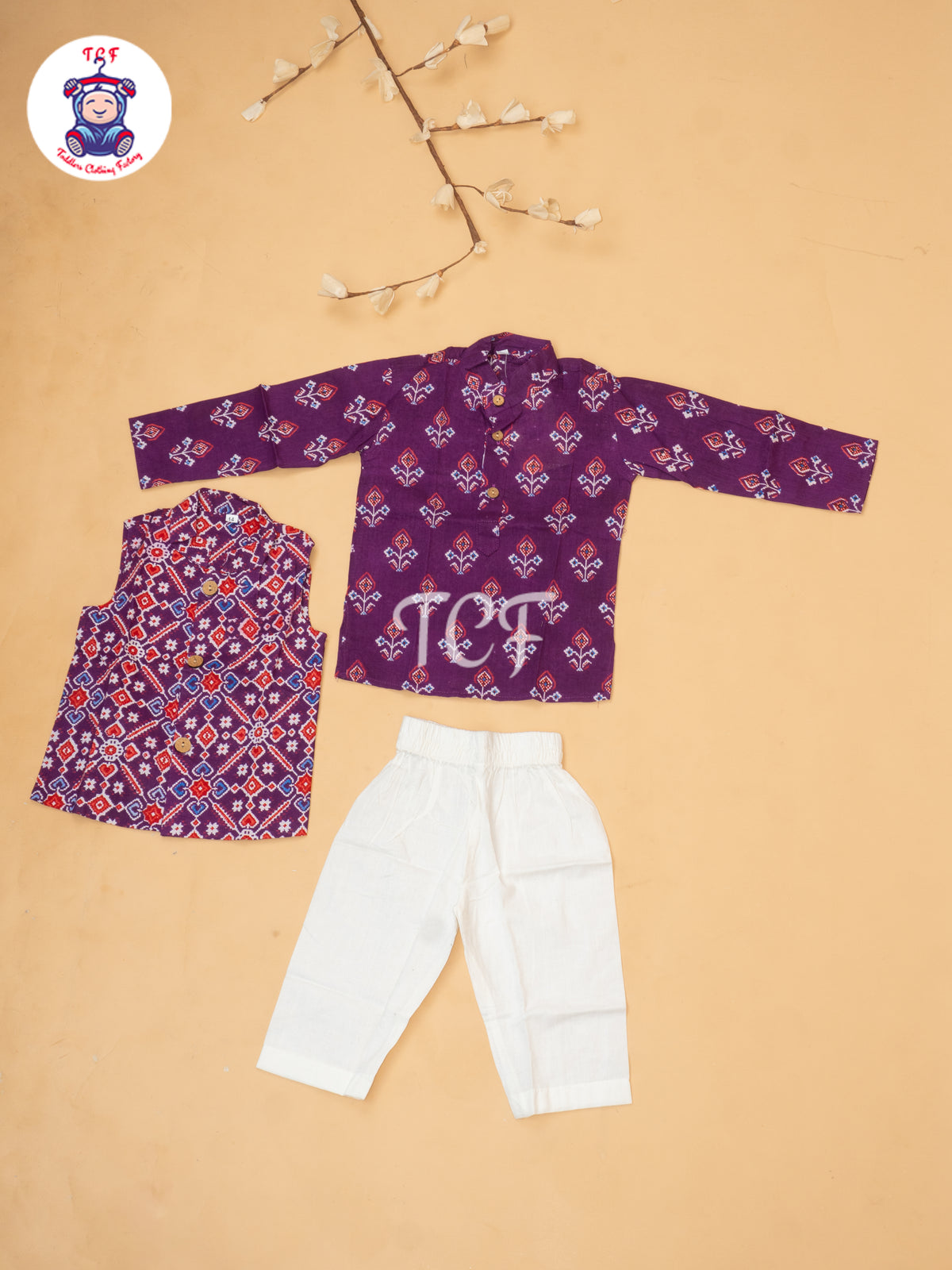 Purple - Boys Patola Readymade Kurta With Pant