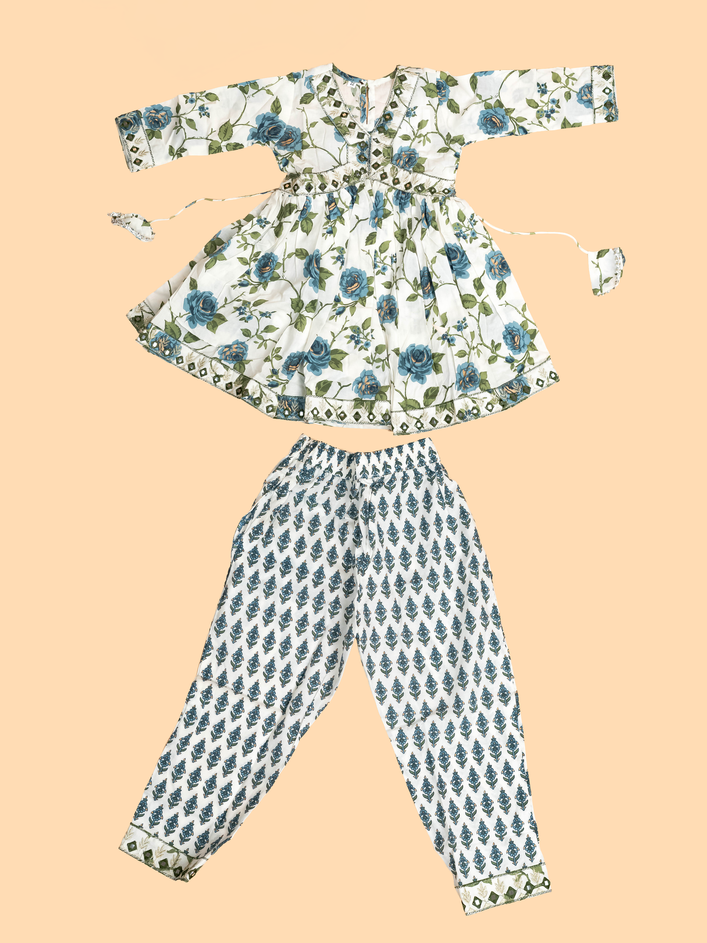 Green -Girls Printed Angrakha Salwar