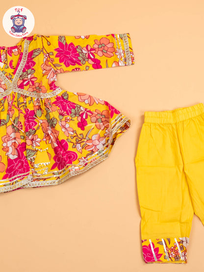 Yellow & Pink -Girls Printed Angrakha Salwar