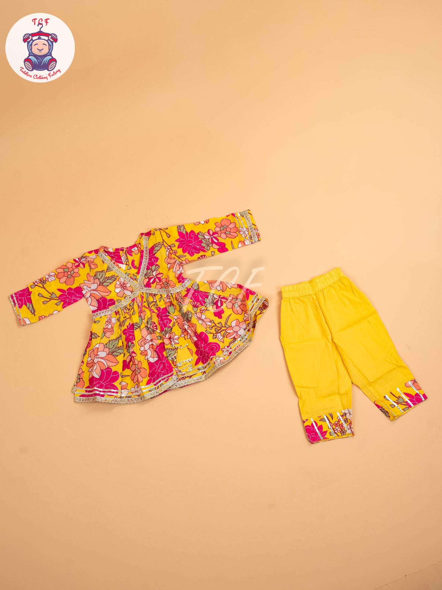 Yellow & Pink -Girls Printed Angrakha Salwar