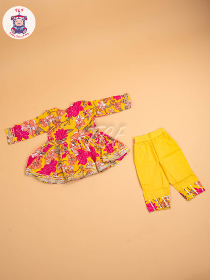 Yellow & Pink -Girls Printed Angrakha Salwar