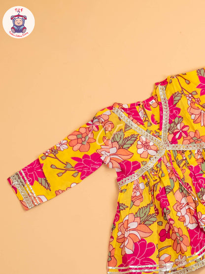 Yellow & Pink -Girls Printed Angrakha Salwar
