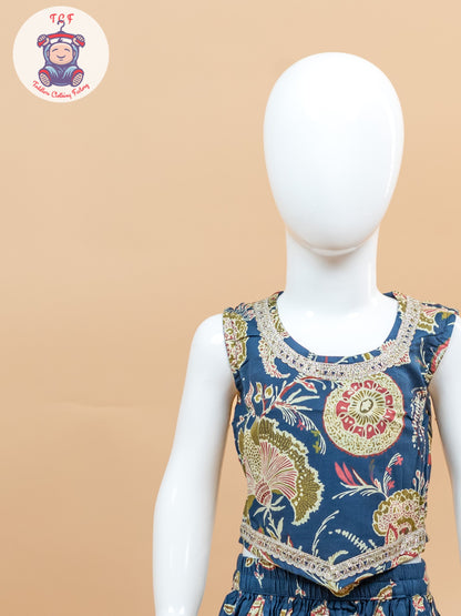 Blue - Girls Floral Printed Lehenga Choli