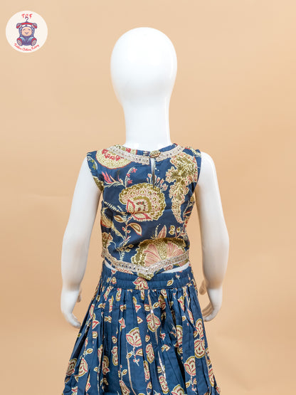 Blue - Girls Floral Printed Lehenga Choli
