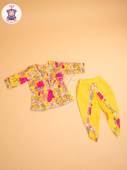 Yellow - Girls Floral printed Dhoti Salwar