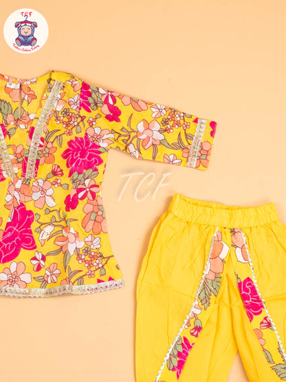 Yellow - Girls Floral printed Dhoti Salwar