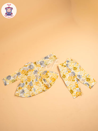 Yellow & Grey - Girls Floral printed Co-ords Sets