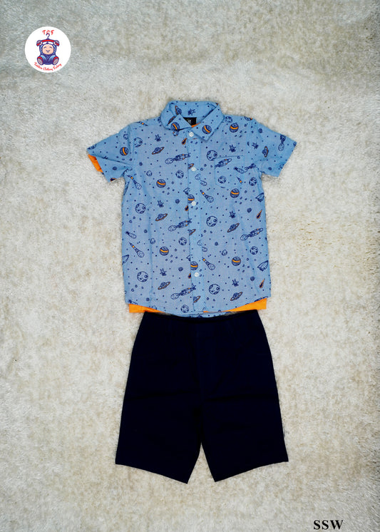 Light Blue & Navy Blue - Boys Shirt & Shorts