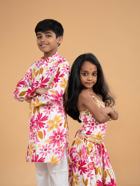 Pink & White - Floral Printed Girls Lehenga Choli