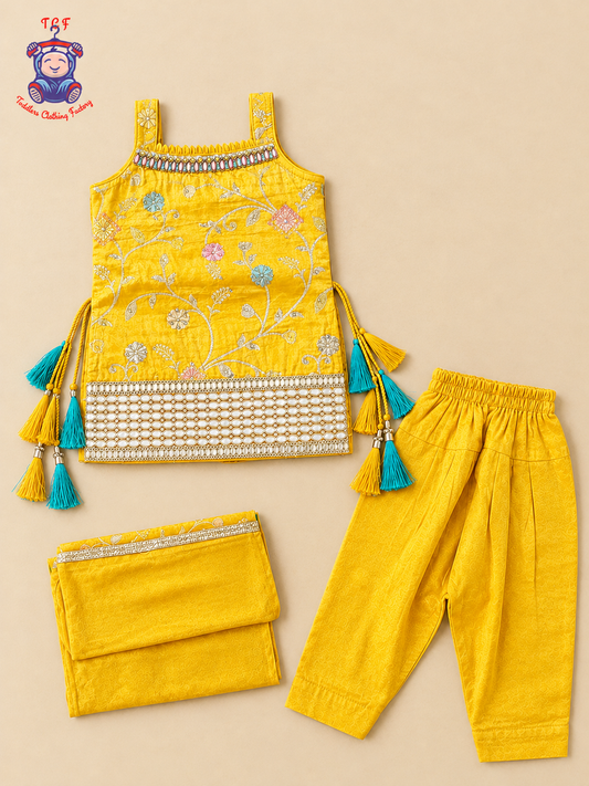 Lemon Yellow - Zari Embroidered Dhoti Set with Dupatta