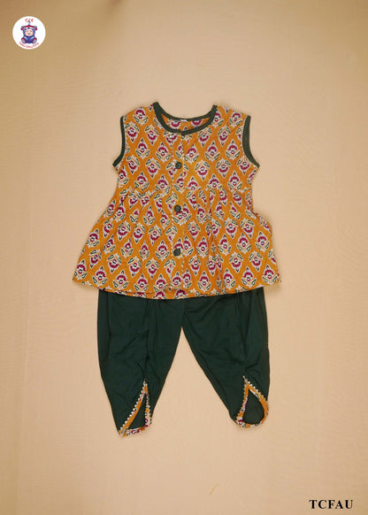 Mustard Brown & Sacramento Green - Printed Kurti Dhoti Set