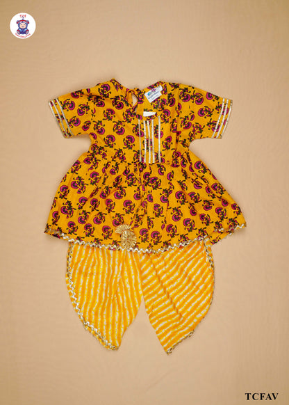 Yellow - Printed Kurti Dhoti Set(Jaipuri Design)