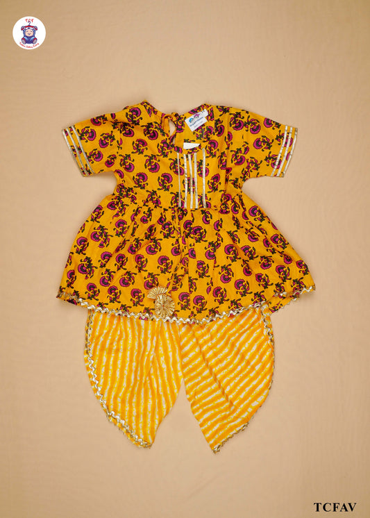 Yellow - Printed Kurti Dhoti Set(Jaipuri Design)