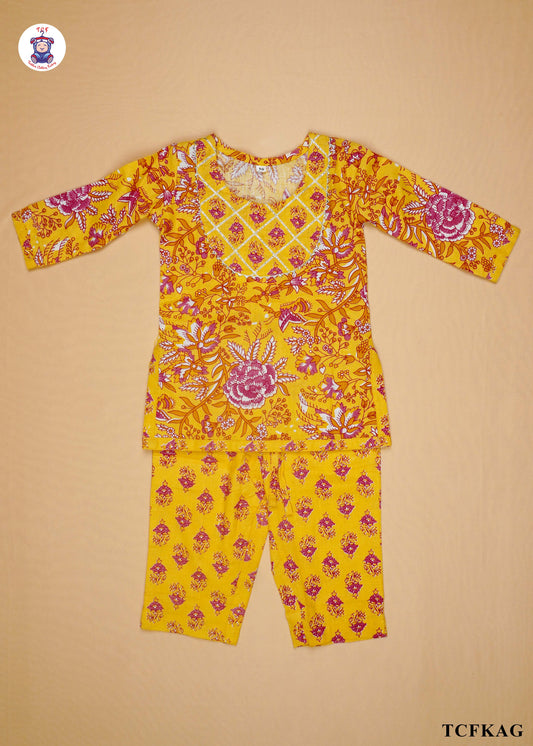Yellow - Floral Printed Kurti Set