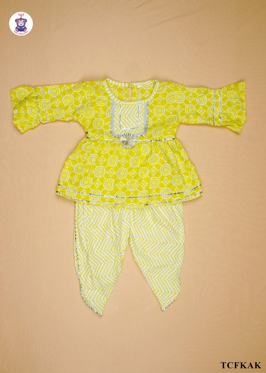 Lime - Printed Kurti Dhoti Set