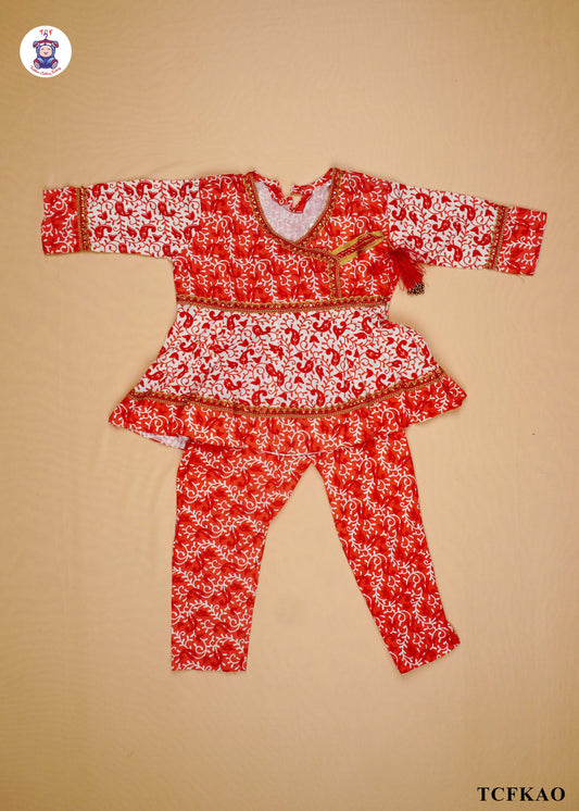 Red Orange - Floral Printed Kurti Set