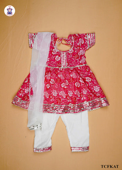 Bright Pink & White - Floral Printed Umbrella Kurti Set with Dupatta