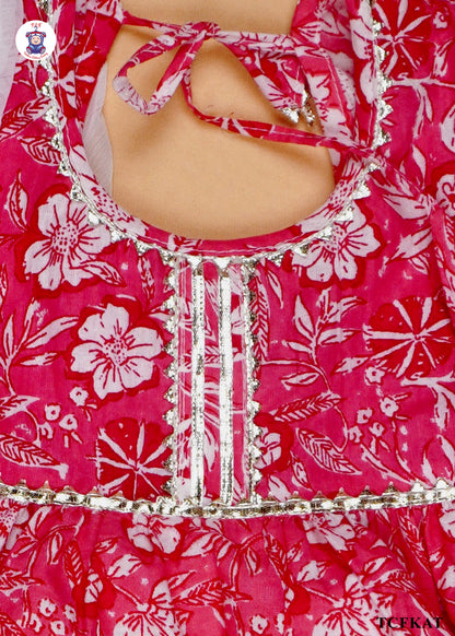 Bright Pink & White - Floral Printed Umbrella Kurti Set with Dupatta