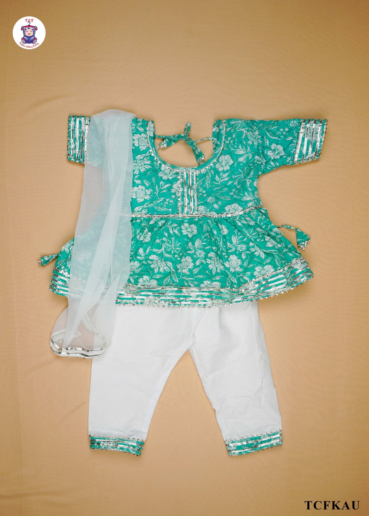 Tiffany Blue & White - Floral Printed Umbrella Kurti Set with Dupatta