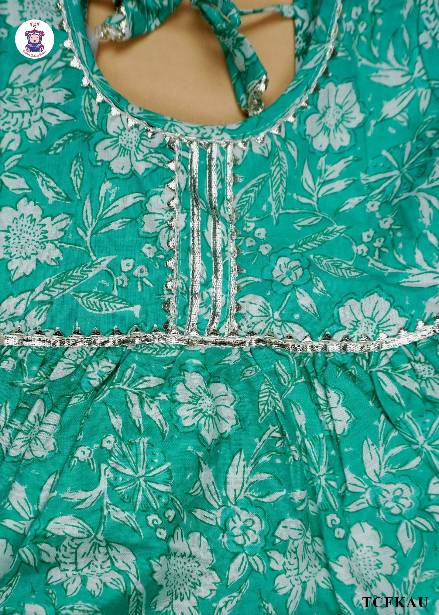 Tiffany Blue & White - Floral Printed Umbrella Kurti Set with Dupatta