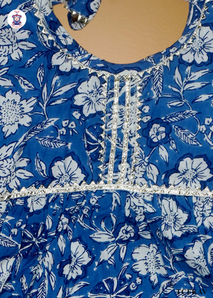 Cobalt Blue - Floral Printed Umbrella Kurti Set with Dupatta
