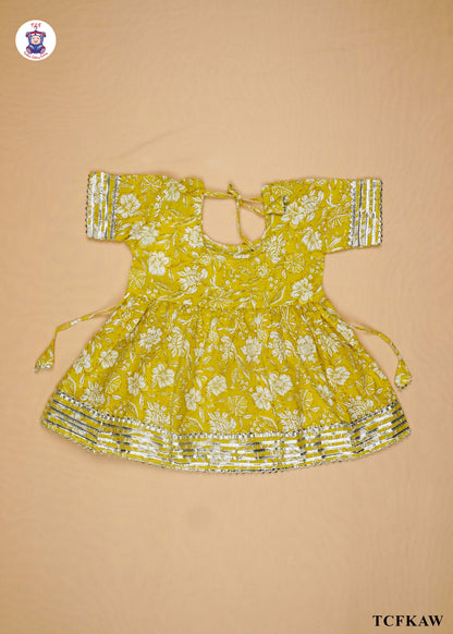 Sunglow Yellow & White - Floral Printed Umbrella Kurti Set with Dupatta