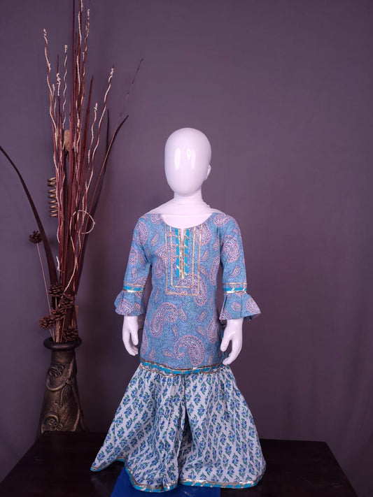 Sky Blue - Printed A-Line Kurti Set