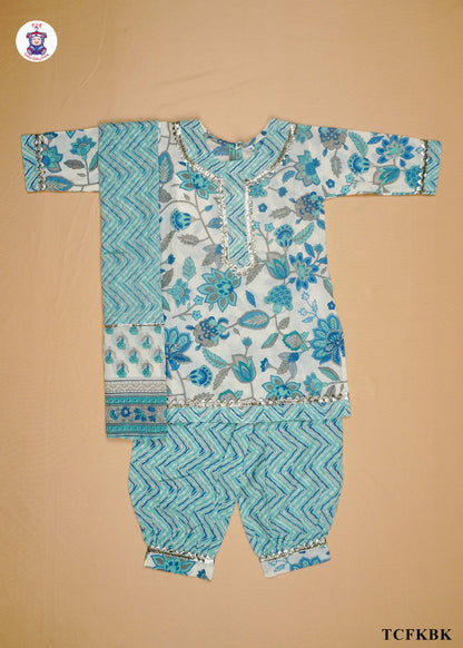 Electric Blue & White - Floral Printed Kurti Set with Dupatta