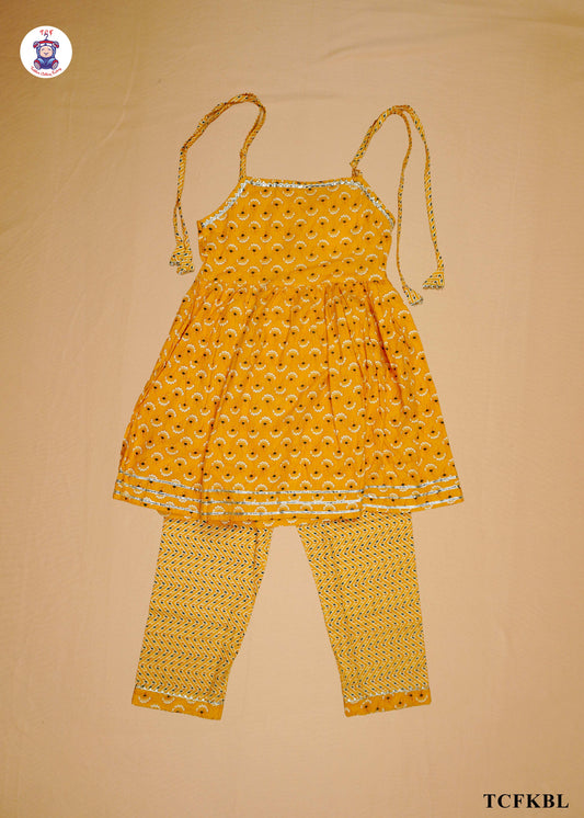 Yellow - Printed Sleeveless Lace Top Kurti Set